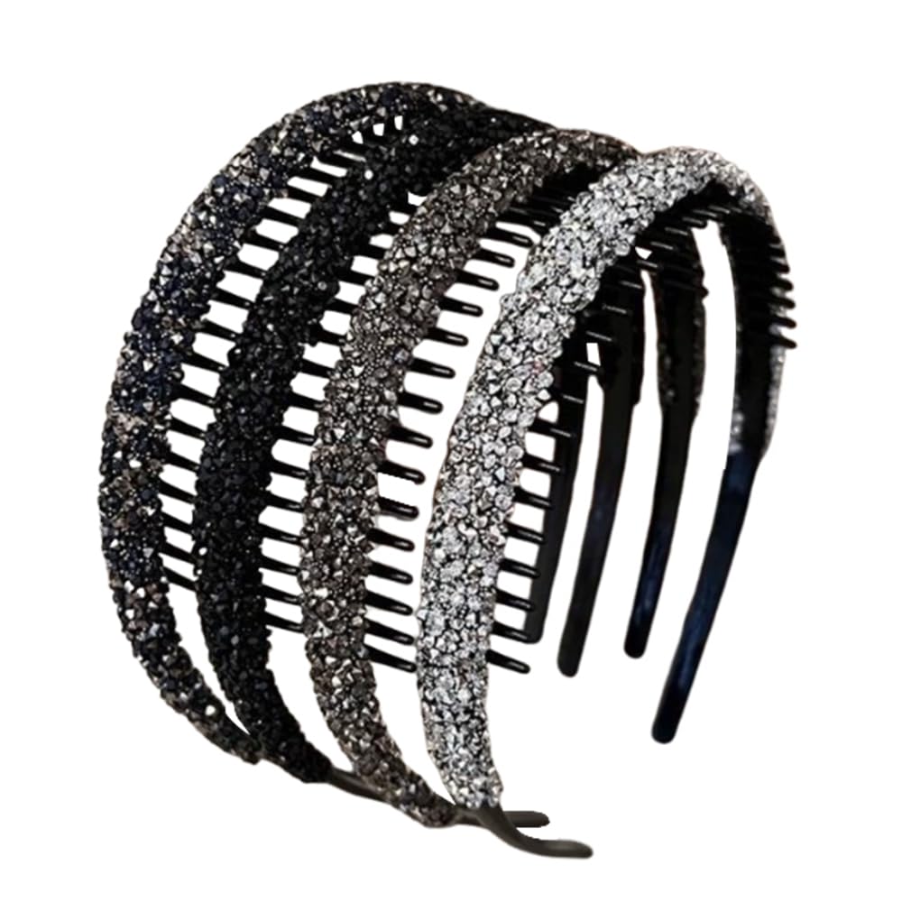 4Pcs Rhinestone Zigzag Headbands, Non-Slip Plastic Comb Headbands with Teeth, Sparkly Diamond Hair Accessories for Women
