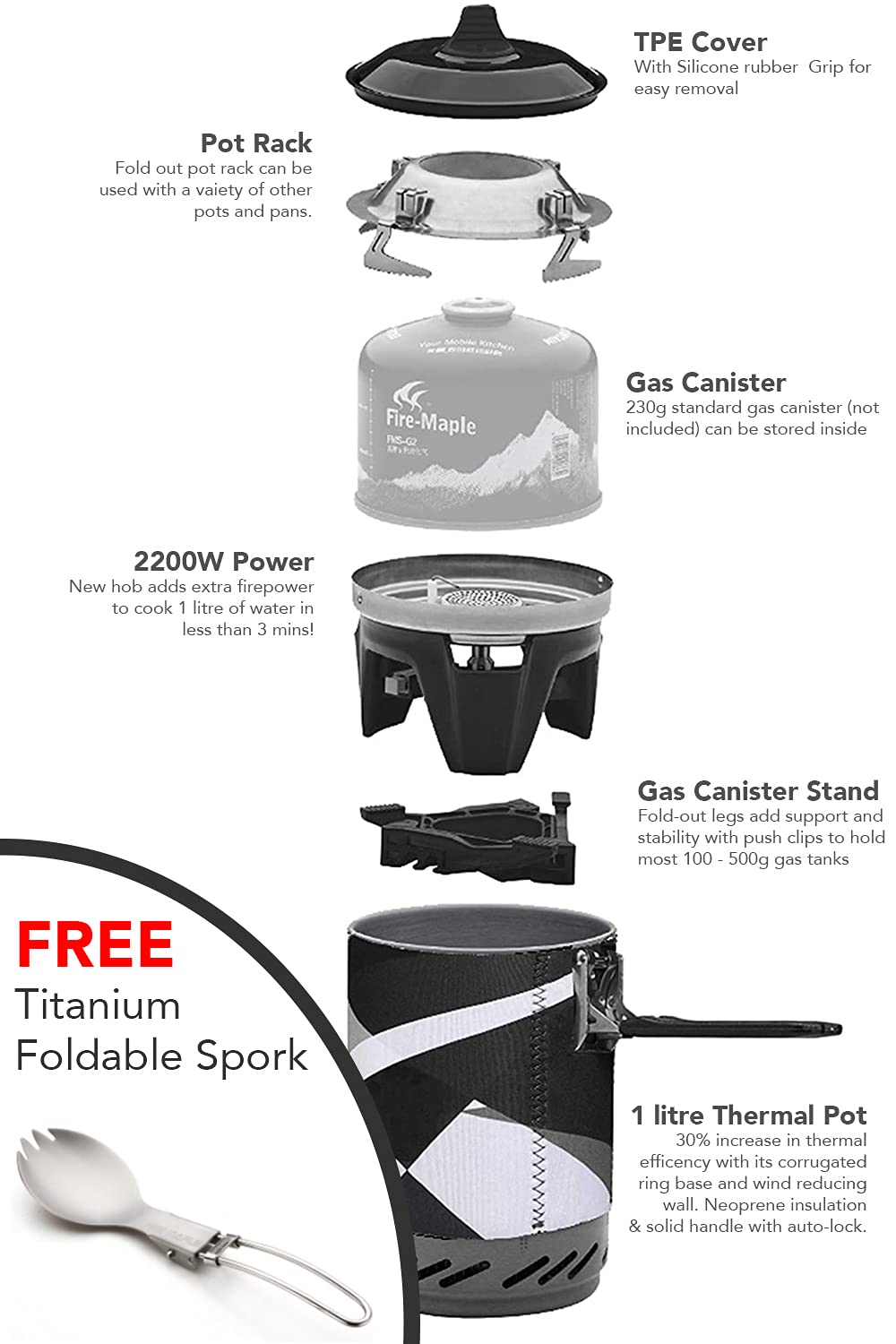 Fire-Maple FMS-X2 Ultralight Compact Windproof Cooking Jet Boiler Stove | Titanium Spork Piezo Ignition Support & Stand (Black | 2200W)