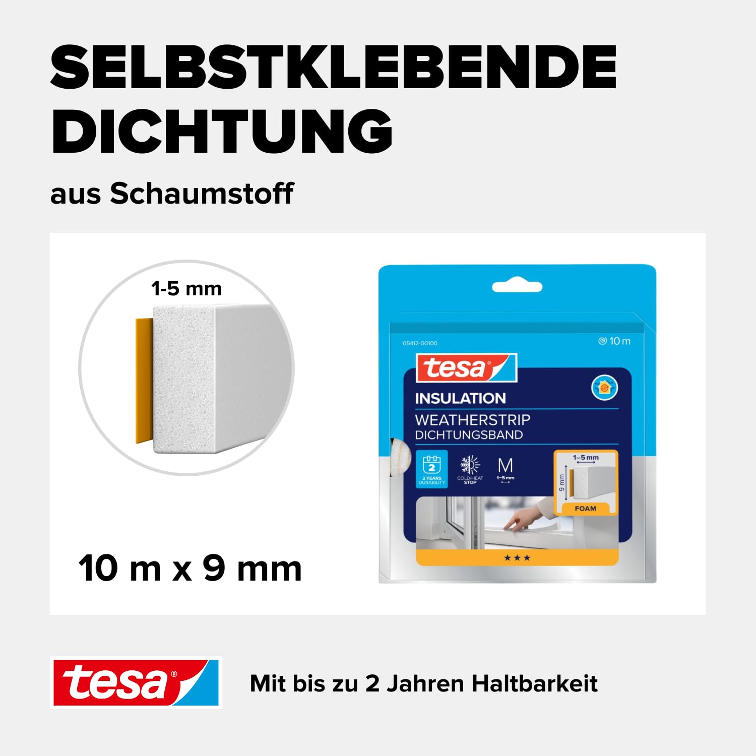 tesa INSULATION Dichtungsband - Schaumstoffdichtung zum Isolieren von Spalten im Haushalt, selbstklebend - Weiß - 10 m x 9 mm x 5,5 mm 4