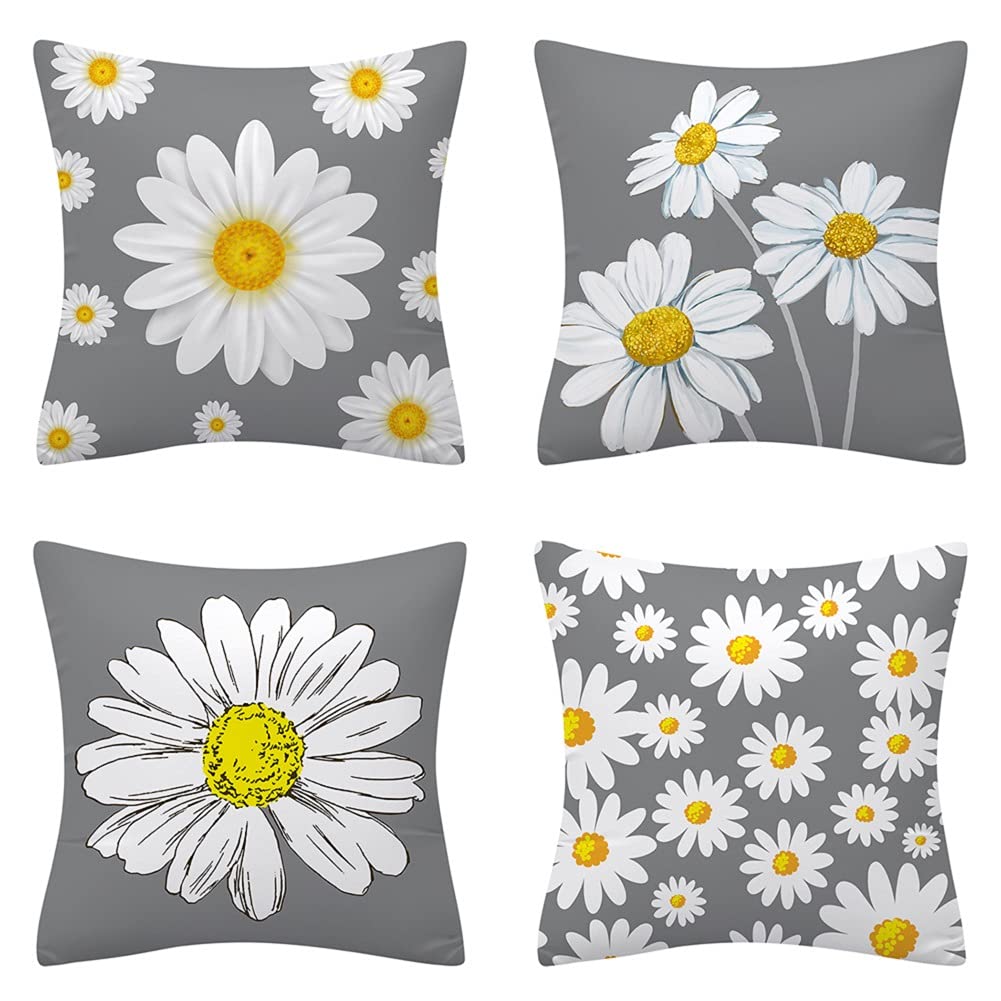 Throw Pillow Covers Set of 4 Grey Cushion Covers 45cm x 45cm with Yellow and White Floral Soft Polyester Square Decorative Throw Pillow Cases for Living Room Sofa Couch Bed Pillowcases 18 x 18 inch