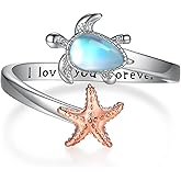 Fuguangju Sea Turtle Rings for Women 925 Sterling Silver Moonstone/Moss Agate Turtle Open Ring I Love You Forever Cute Ocean Animal Tortoise Ring Jewelry for Women