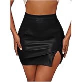 WDIRARA Women's PU Leather Bodycon Mini Skirt High Waisted Split Hem Skirts