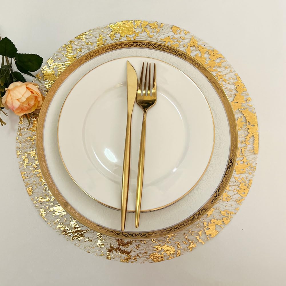 Photo 1 of 100 Pcs Gold Disposable Placemats Gold Doilies Round Place Mats Pressed 13 Inch Metallic Foil Charge Placemats for Home Decoration Dining Table Wedding Birthday Party