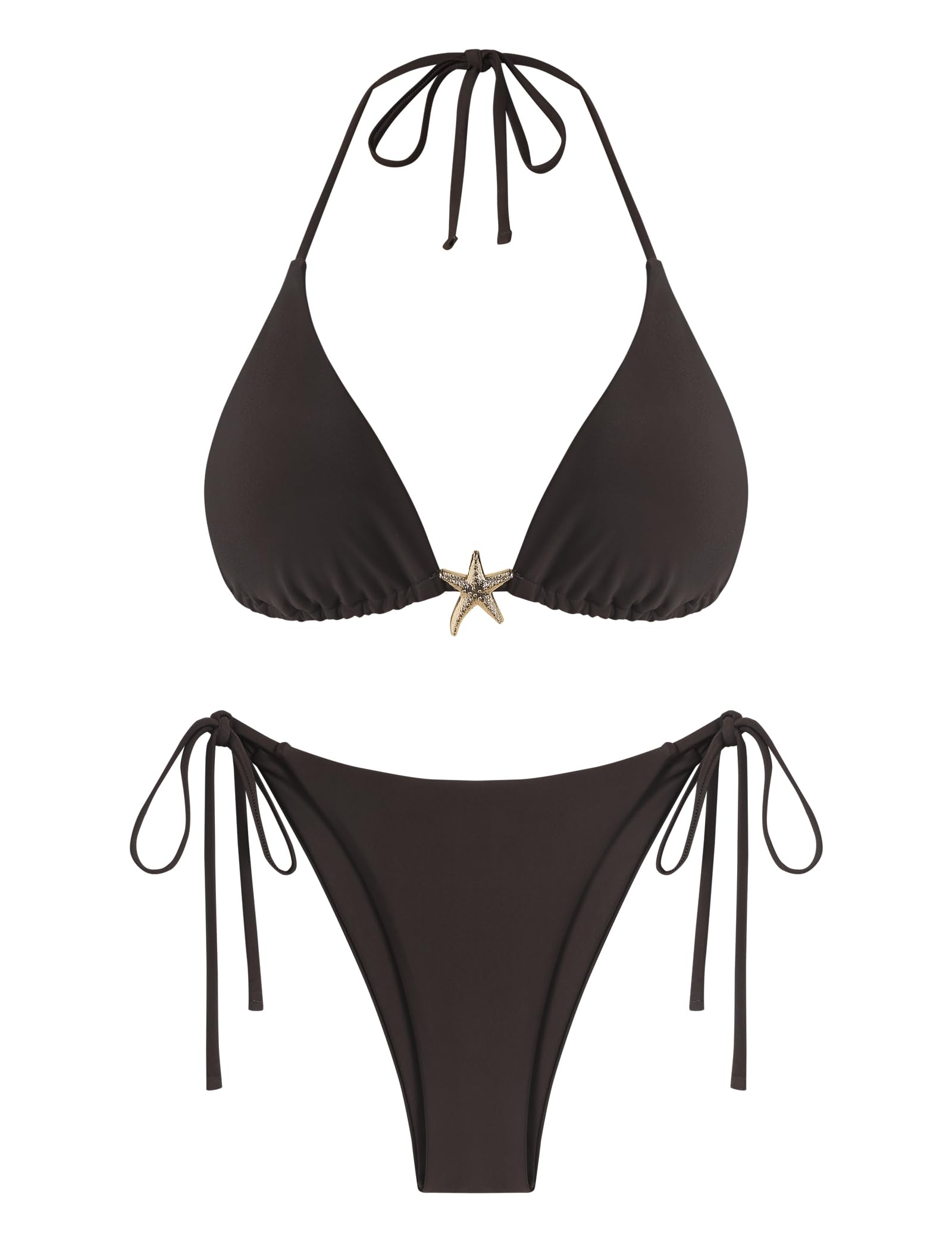 Photo 1 of ZAFUL Women's Sexy Halter Bikini Sets Beads Tie Side Solid Triangle Thong Swimsuit Two Piece Cheeky Bathing Suits (4-Brown, Medium)