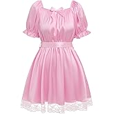 ABAFIP Sissy Mini Nightdress for Men Frilly Ruffle Square Neck Bowknot Lace Trim Satin Ruffle Nightdress