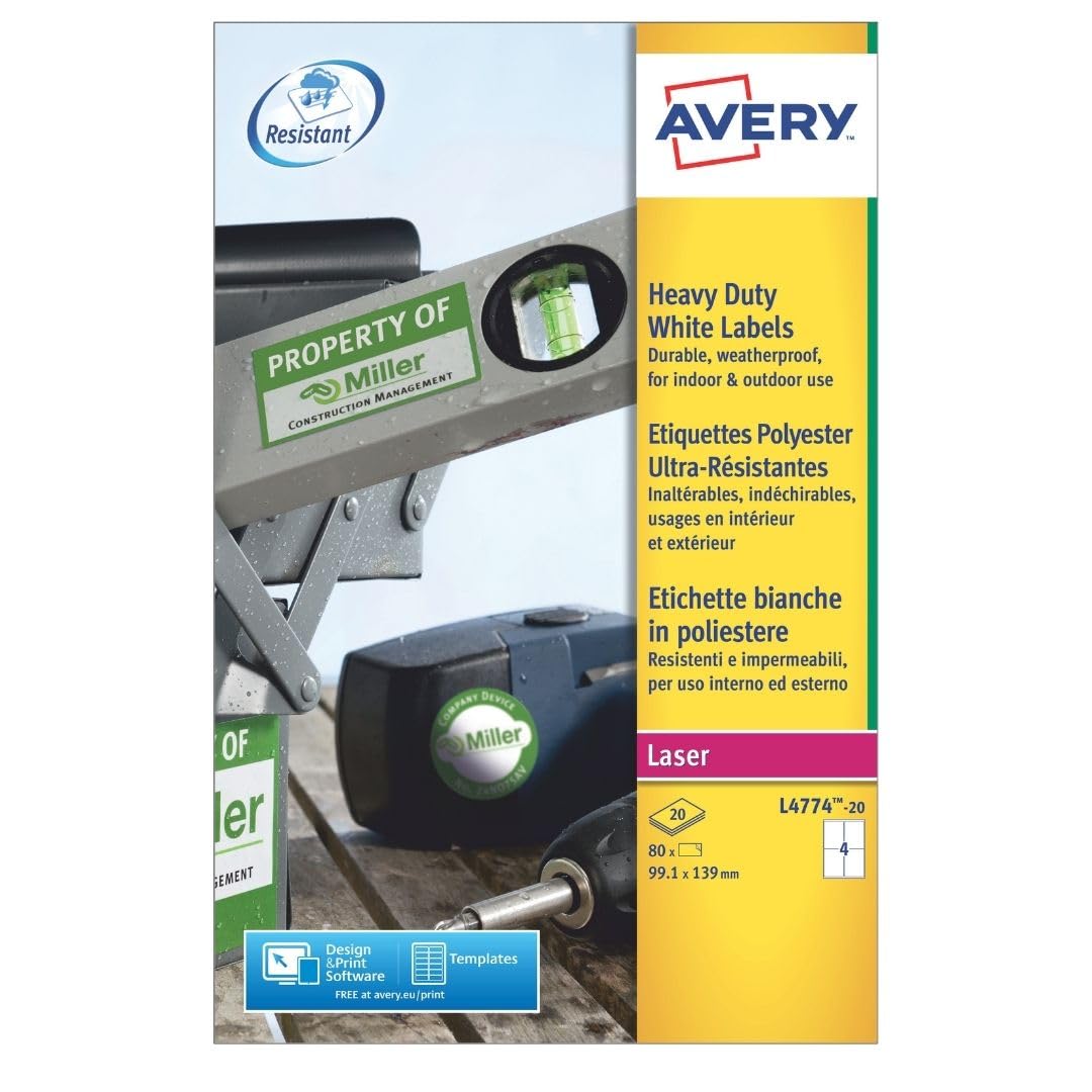 Avery Resistant, Printable, Heavy duty Labels, Customisable, 99.1 x 139 mm, White, 4 Labels per sheet, 80 labels per pack (L4774-20)