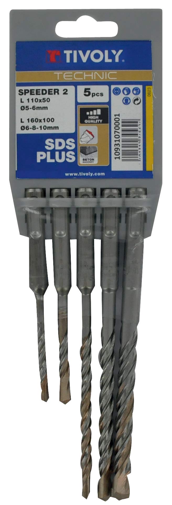 Tivoly 10931070001 – Pack of 5 Drill Bits SDS +, 2 Cuts (Diameter 5, 6 x 110 mm + 6, 8, 10 x 160 mm)