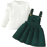 IQREENY Toddler Baby Girl Clothes Long Sleeve Knit Ribbed Tops Bowknot Corduroy Suspender Skirt Dress Outfits