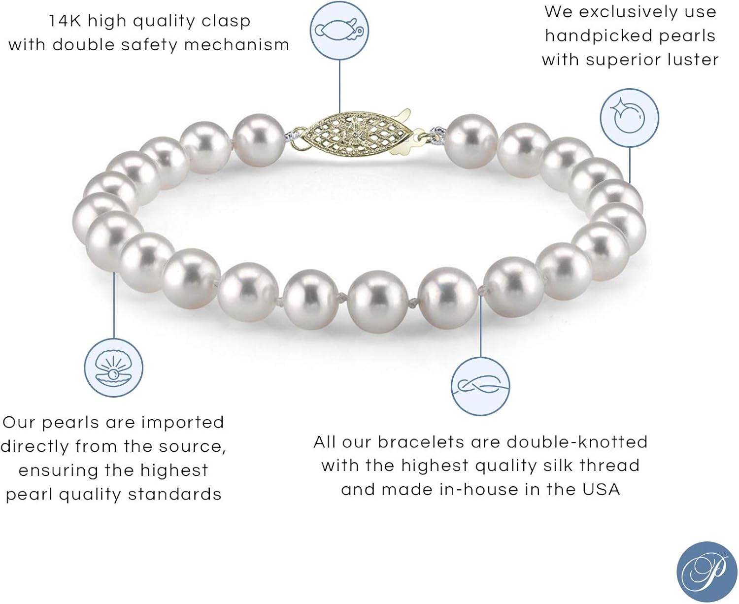 THE PEARL SOURCE 14K Gold 7-8mm AAAA Quality Round White Freshwater Cultured Pearl Bracelet for Women: Jewelry