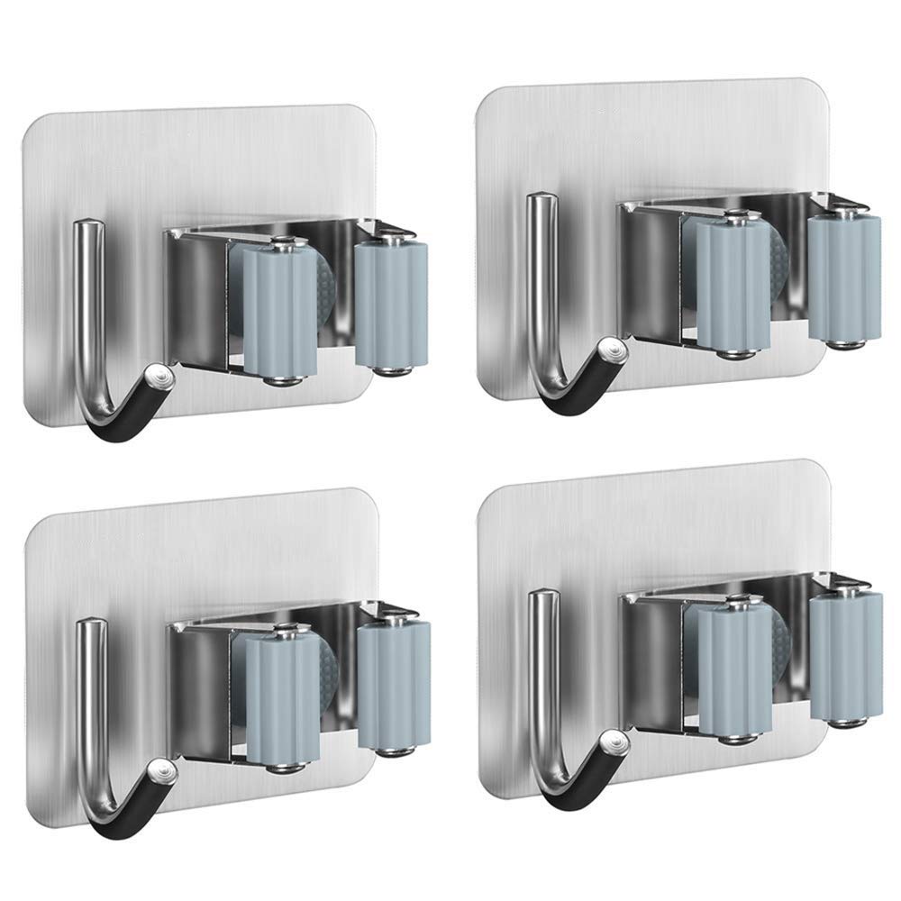 Broom Mop Holder, 4pcs Broom Closet Hanger Wall Mount Storage Cleaning Tools Organizer, Broom Holder Organizer Stainless Steel Rack Hanging Shelf Self Adhesive For Laundry Garage Garden Kitchen