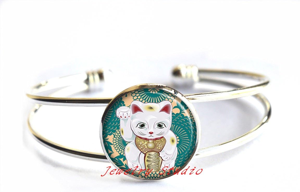 Teal Maneki Neko Bracelet, Japanese Lucky Cat Charm Lucky