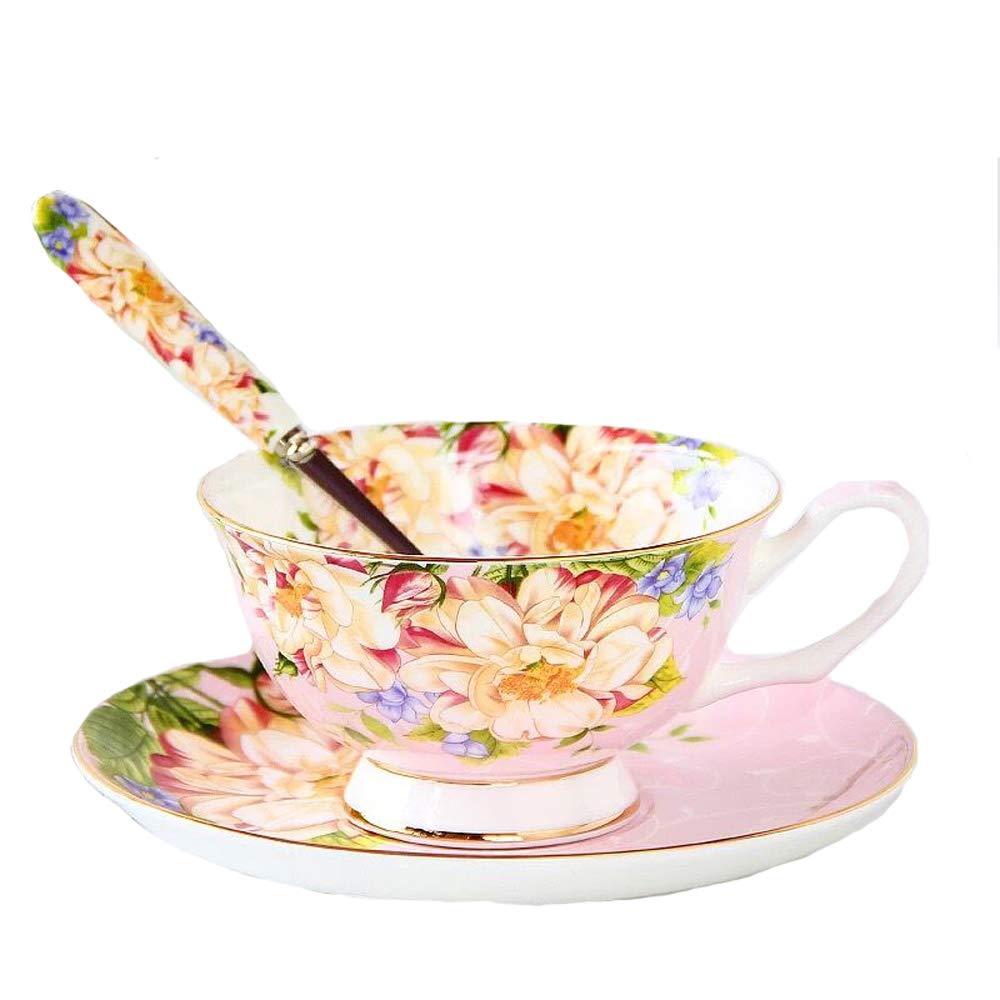 SudaTek Gift Set Vintage Fine Bone China Tea Cup Spoon and Saucer Set Gold Trim Fine Dining and Table Décor (Pink Rose)