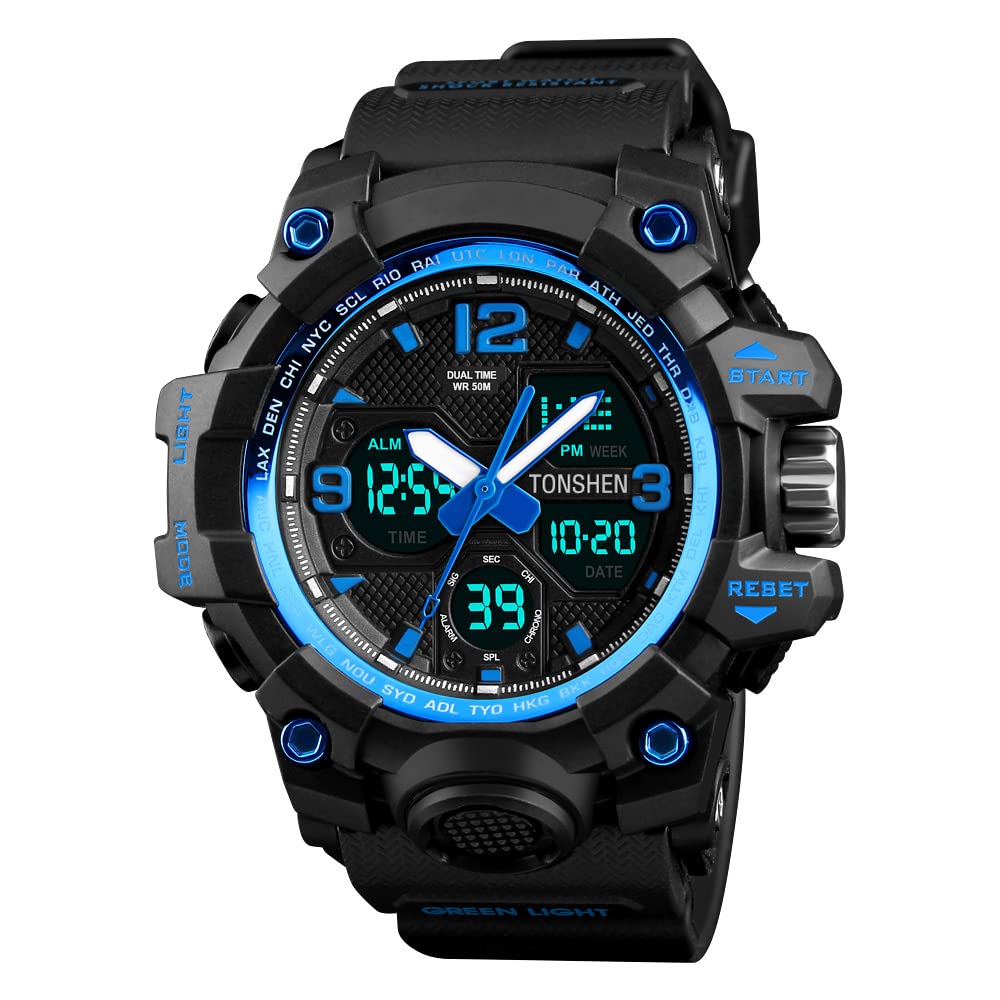 TONSHEN Digital Watch for Men 50M Waterproof Analog Quartz LED Electronic Double Time Outdoor Military Multifunction Sport Watches Plastic Case with Rubber Band (Blue)