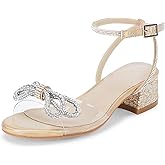 Coutgo Girls Rhinestone Sandals Low Chunky Heels Bow Open Toe Glitter Dress Shoes for Toddler Little Big Kid