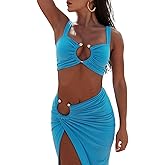 Women's Sexy 2 Piece Maxi Skirt Sets O-Ring Hollow Out Off Shoulder Crop Top High Slit Long Dress Set