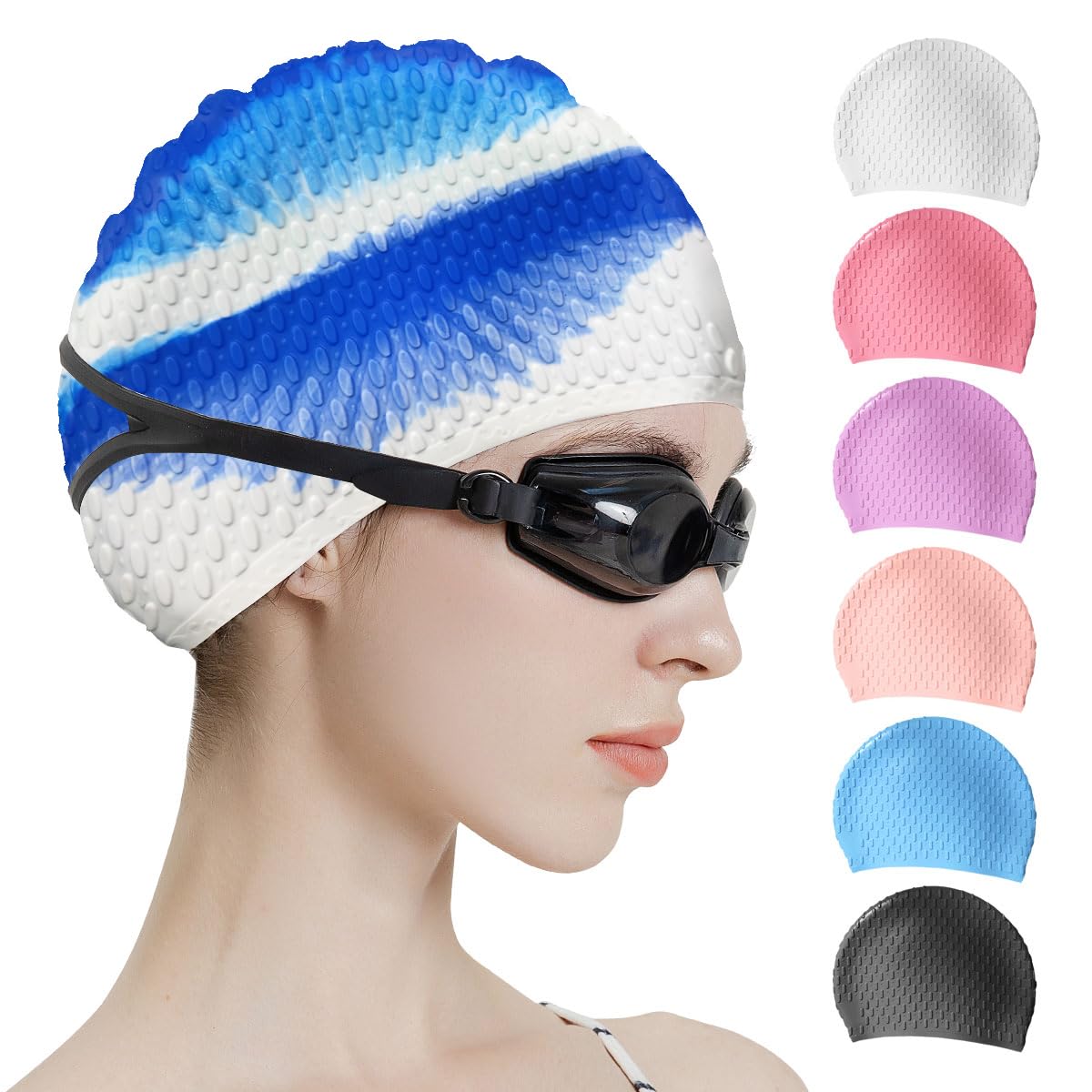 Photo 1 of Tripsky Silicone Swim Cap,Comfortable Bathing Cap Ideal for Curly Short Medium Long Hair, Swimming Cap for Women and Men, Shower Caps Keep Hairstyle Unchanged