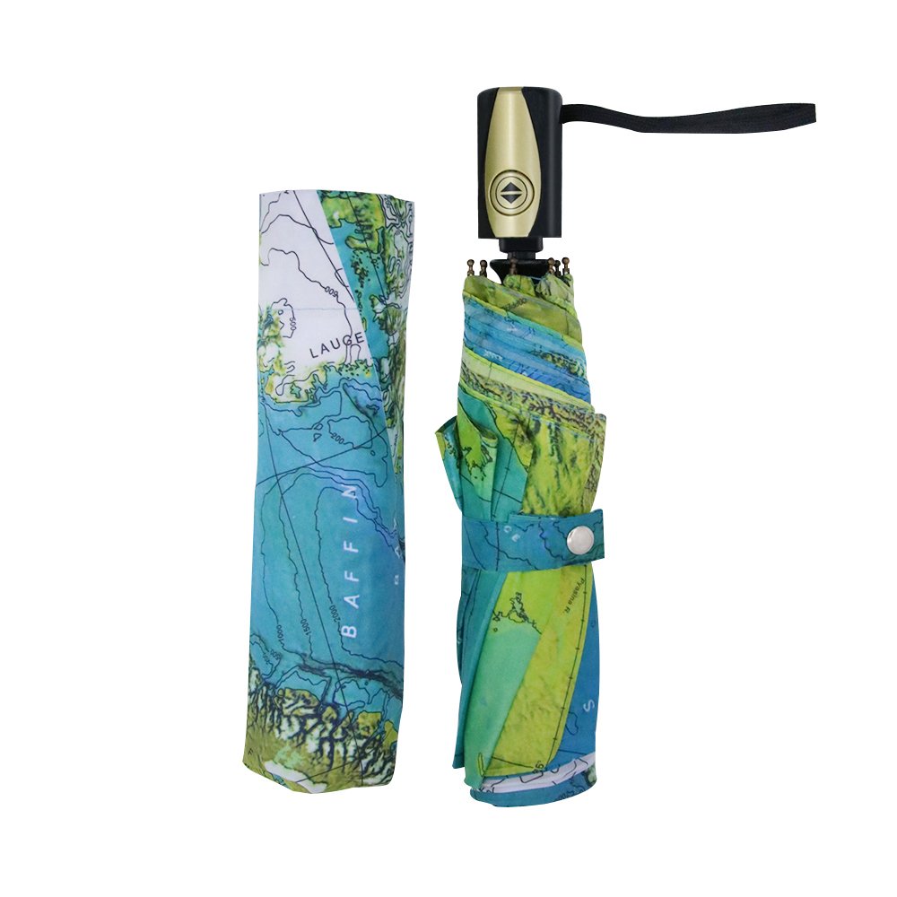 Elehere World Map Umbrella Automatic Folding Reinforced Windproof UV-coating 3 Fold with Bag Travel Umbrella Fordable & Portable Parasol with Ultra Comfort Handle