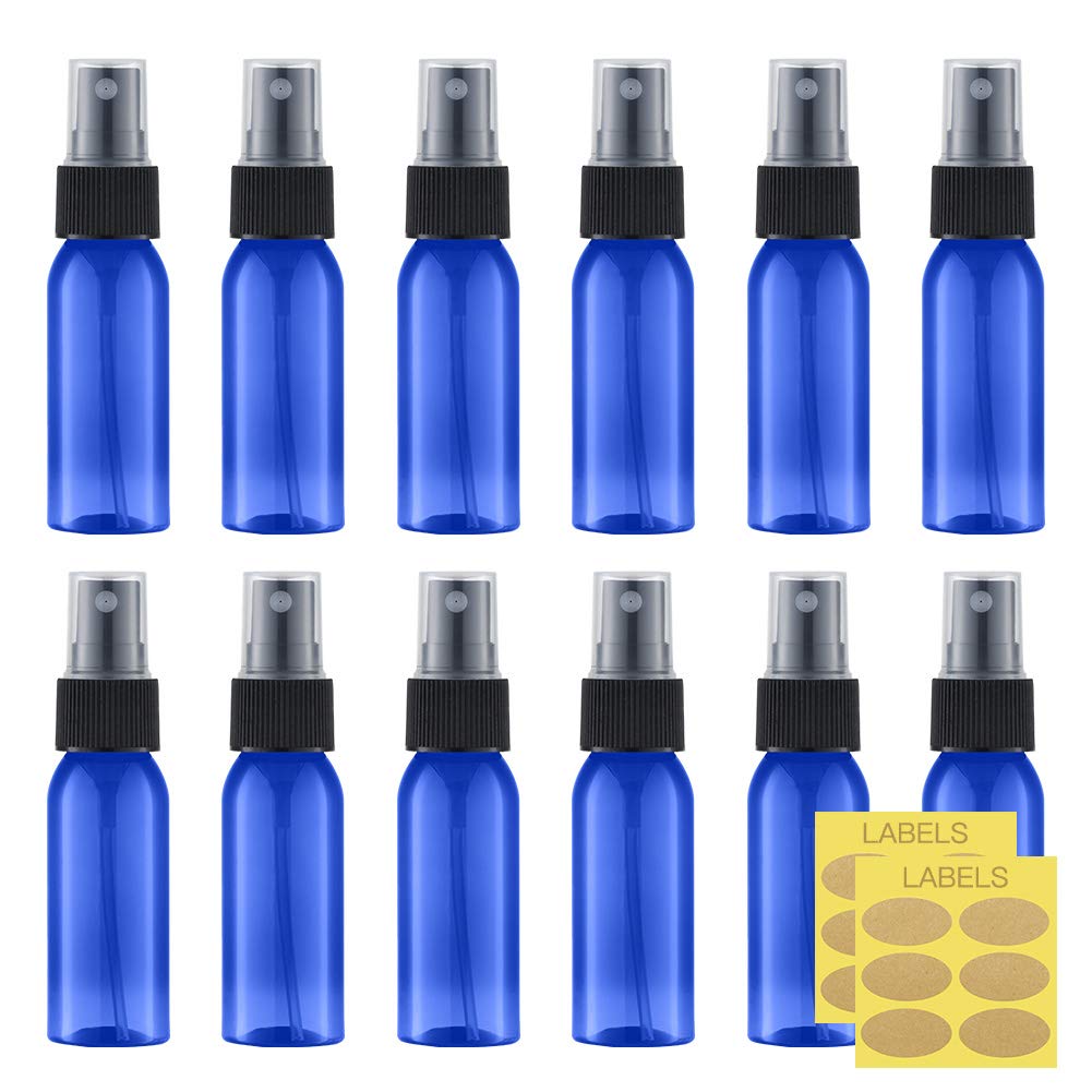 Photo 1 of LISAPACK 1oz Small Plastic Blue Spray Bottle (12 Pack) Empty Mini Fine Mist Travel Size Atomizer, Tiny Sprayer for Little Perfume, Water, Cologne, Alcohol, Samples (Cobalt Blue, 30ml)