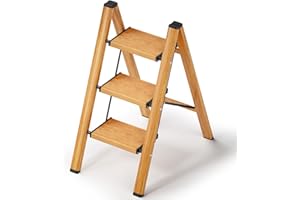 3 Step Ladder, Ladnamy Folding Step Stool with Wide Anti-Slip Pedal, Aluminum Lightweight Portable Step Stools for Adults, 330 IBS Capacity Multi-Use Ladder for Home Kitchen Cabinet, Woodengrain