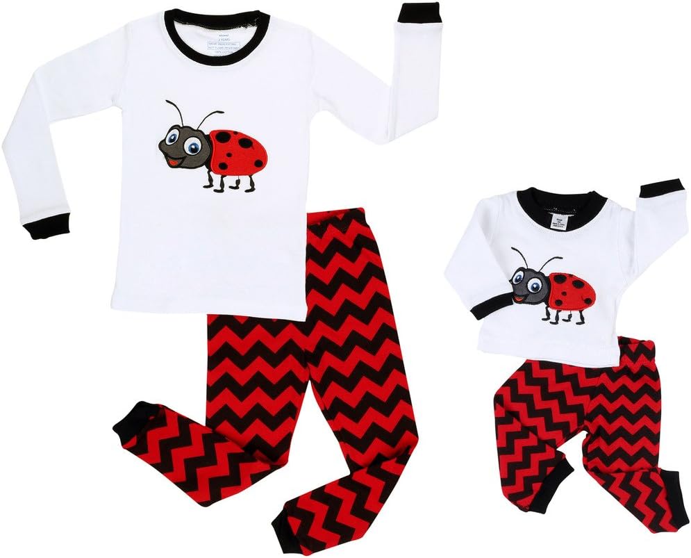 elowel | Pyjamas for Girls and Dolls | Matching Design | 2 Piece (Top and Bottom) | Tight Fitted | 100% Cotton | Design: Ladybug | Size: 2 Years | Multicoloured | Sizes: 2 Years - 10 Years