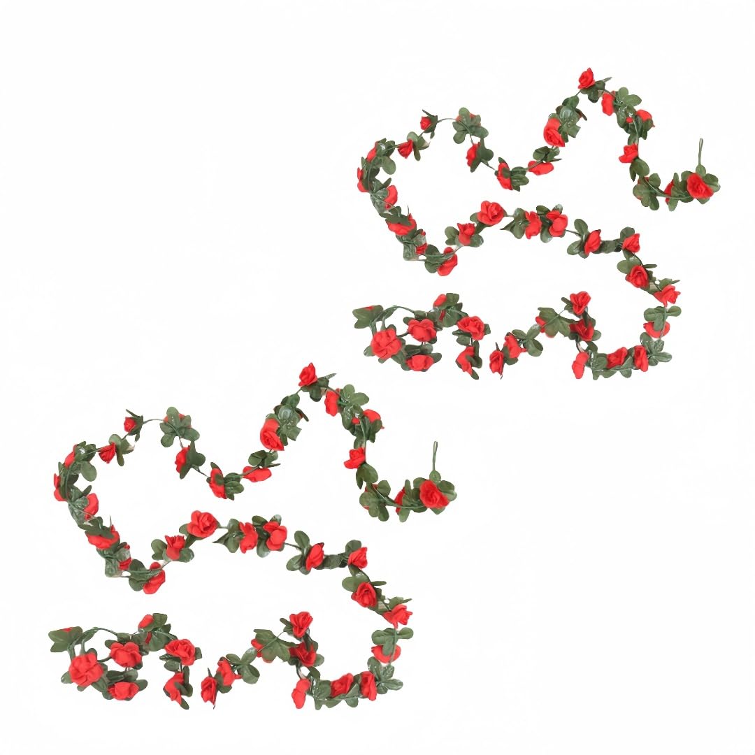2 Pcs Artificial Flower Hanging Rose Garlands Fake Rose Vine Flowers Plants DIY Wreath for Garden Craft Art Decor Home Wedding Party 8.2ft/2.5m (Deep red)