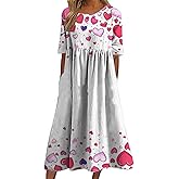 domirica Valentine Dress for Women Heart Print Short Sleeve Crewneck Empire Waist Casual 2025 Spring Maxi Tunic Dresses