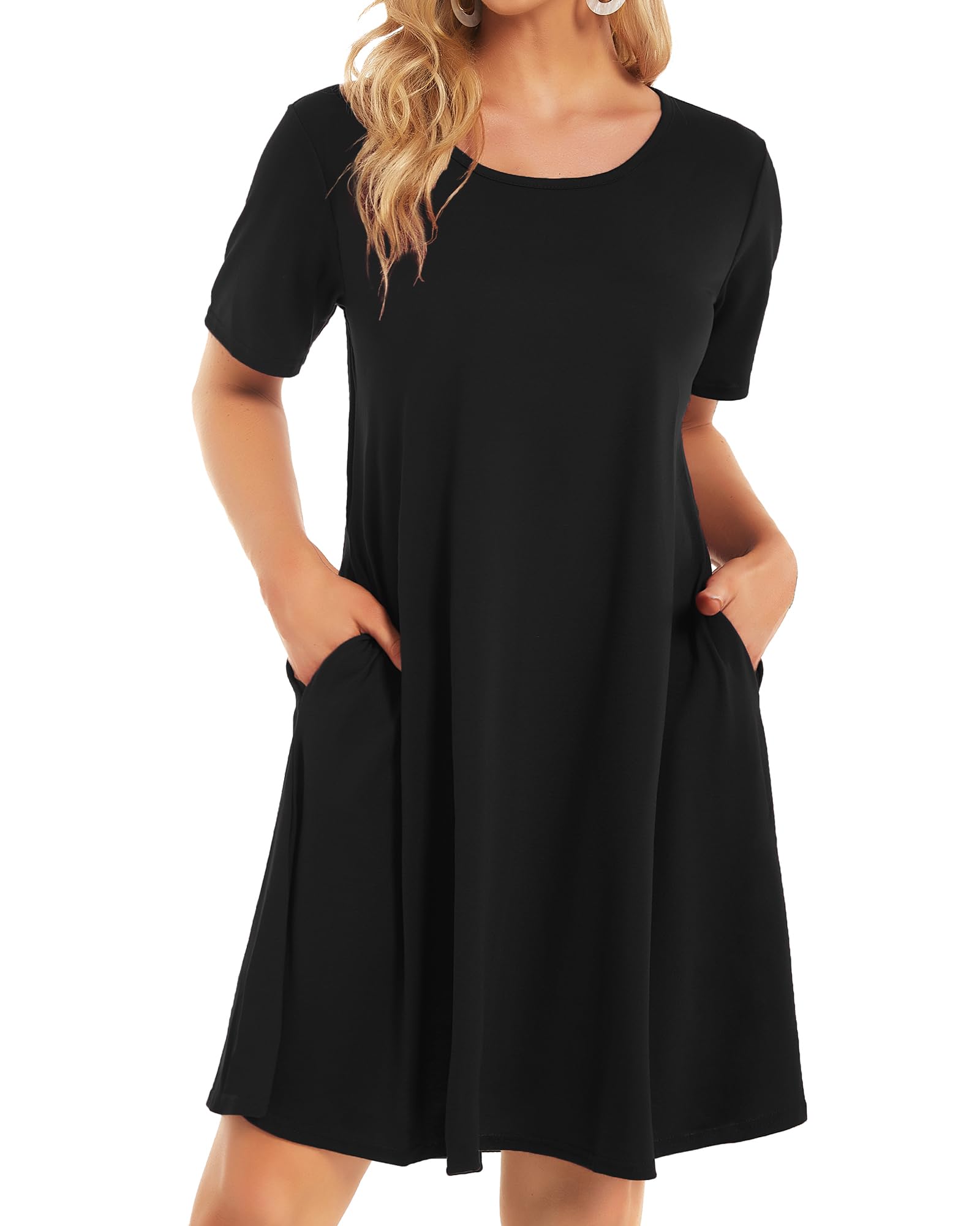 Photo 1 of elescat Fall Dresses for Women Casual with Pockets Summer Mini Beach Sundress Short Sleeve Loose Fit(Black,L)