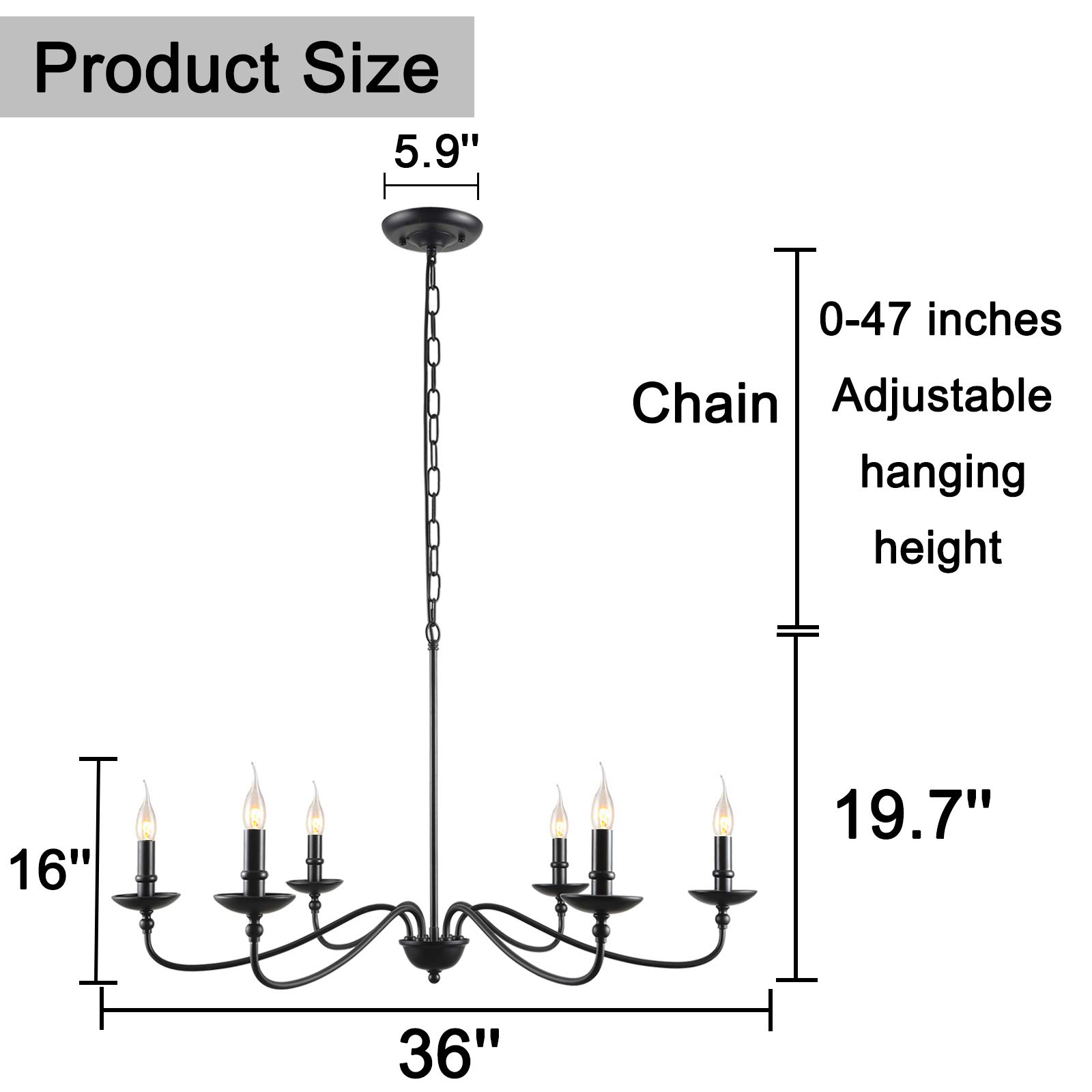 SEOL LIGHT 36"Dia Classic Candelabra Style Large Branch Iron Chandeliers Ceiling Hanging Pendant Light Fixture 6 Light 240W Black Painted Indoor