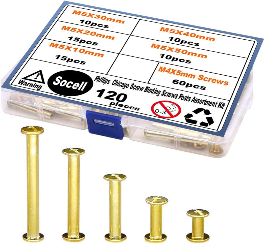 Socell 120pcs Golden Phillips Chicago Screw Binding Screws Posts Assortment Kit for Scrapbook Photo Albums Craft and DIY Leather Decoration Bookbinding(M5 x 10/20/30/40/50) : Office Products