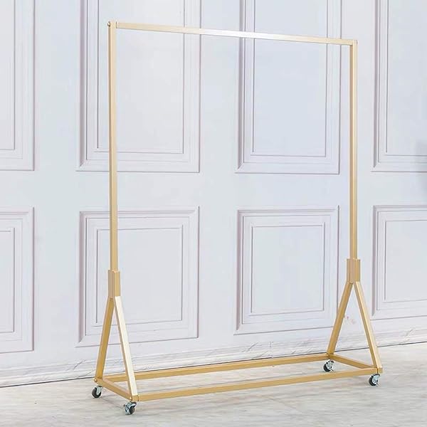 FURVOKIA MODERN SIMPLE HEAVY DUTY METAL ROLLING GARMENT RACK WITH WHEEL,RETAIL DISPLAY CLOTHING RACK, SINGLE ROD FLOOR-STANDING HANGERS CLOTHES SHELVES (GOLD SQUARE TUBE A, 47.2 L)
