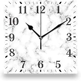 XIAGEANA Marble Wall Clock,Wall Clocks for Living Room Decor Marble White Print Vintage Retro Clock Decorative 10 Inch Square Silent Non-Ticking Wooden Desk Clock Battery Operated for Home Kitchen