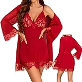 AEKAN Women Sexy Lingerie Set 3 Piece Babydoll & Lace Chemise Sleepwear Robe Strap with Teddy Nightwear Bodysuit