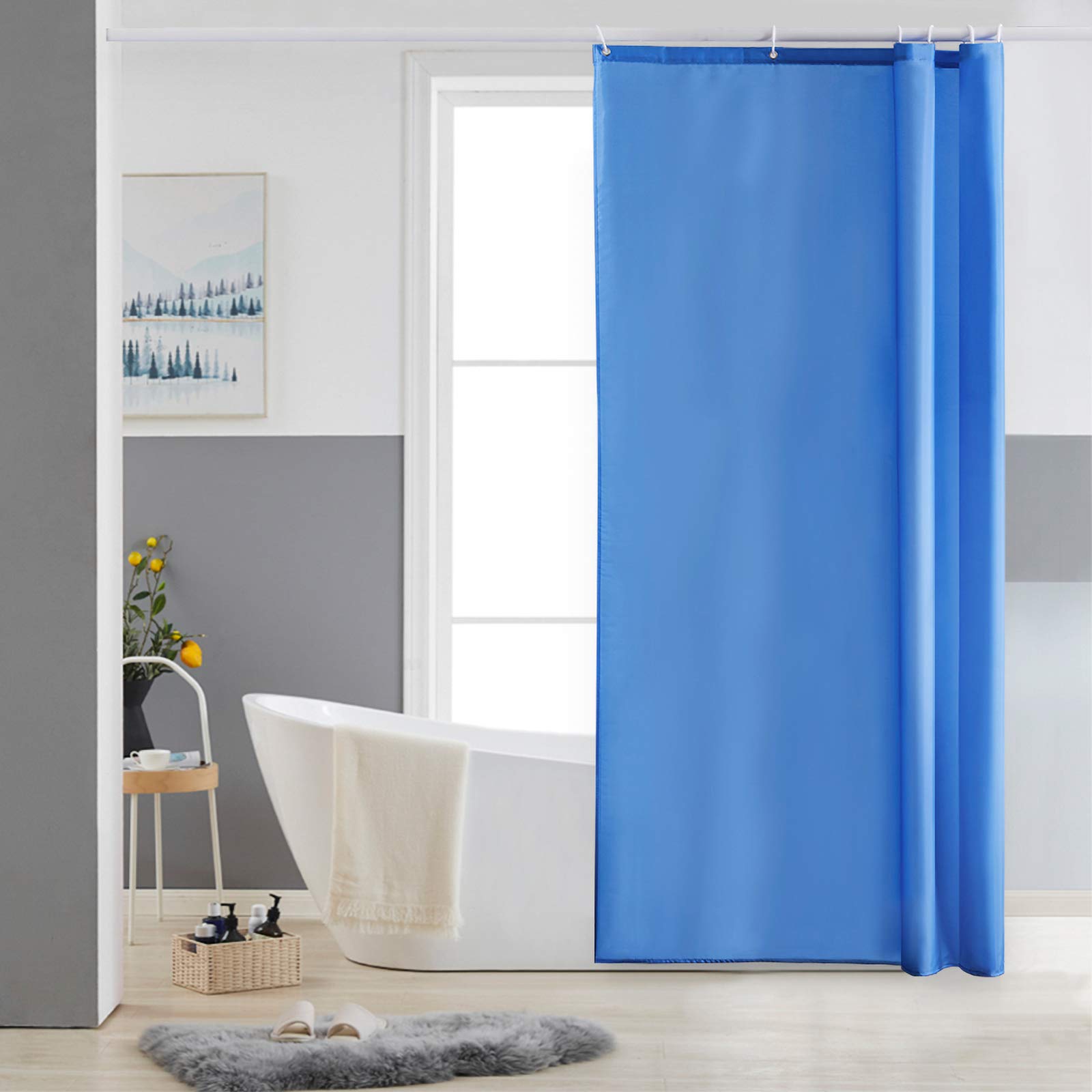 Furlinic Shower Curtain Mould Proof Resistantand Waterproof Washable Polyester Fabric Blue Bath Curtains with Weight Tape 6 Hooks for Wetroom 33x72 Inch.
