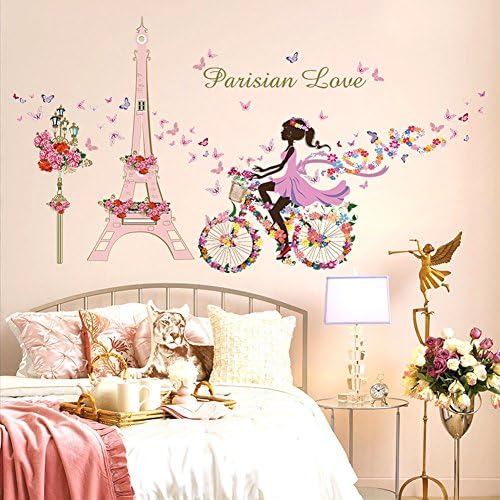 Wallpark Romantic Pink Eiffel Tower Fairy Girl on Flowers Butterflies Bicycle Removable Wall Sticker Decal, Children Kids Baby Home Room Nursery DIY Decorative Adhesive Art Wall Mural