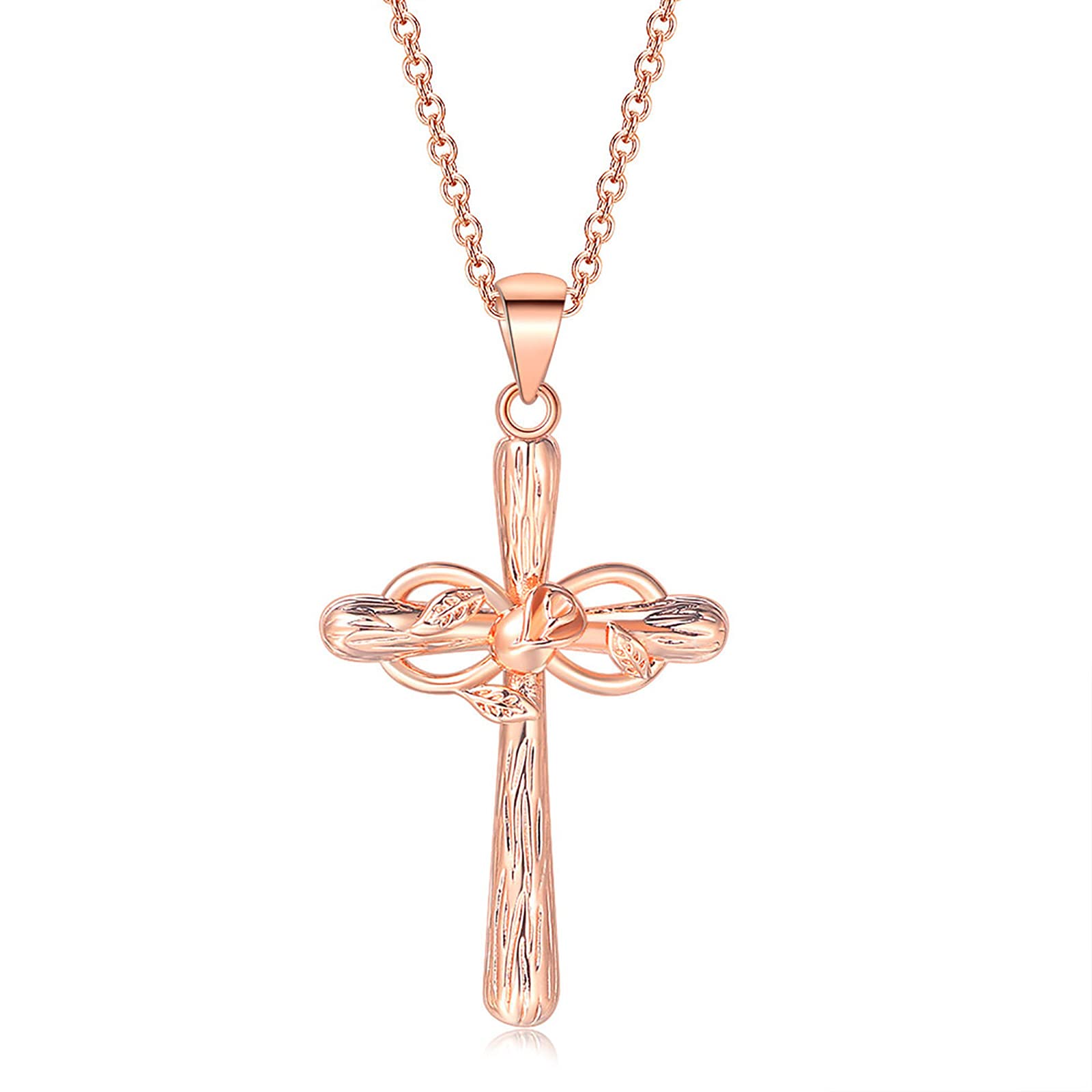 Cross Infinity Pendant Necklace Rose Flower Lucky 8 Crucifix Necklace Christian Religious Floral Chain Jewelry for Women Girls (Rose Gold)