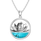 BETHZA Lotus Necklace 925 Sterling Silver Natural Blue Turquoise Gemstone Lotus Flower Pendant Western Jewelry for Women