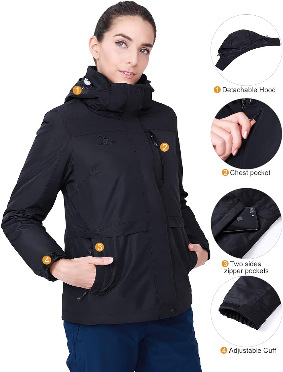 CAMEL CROWN Women's 3-in-1 Waterproof Ski Snow Jacket Hooded Winter Coat with Puffer Liner: Clothing