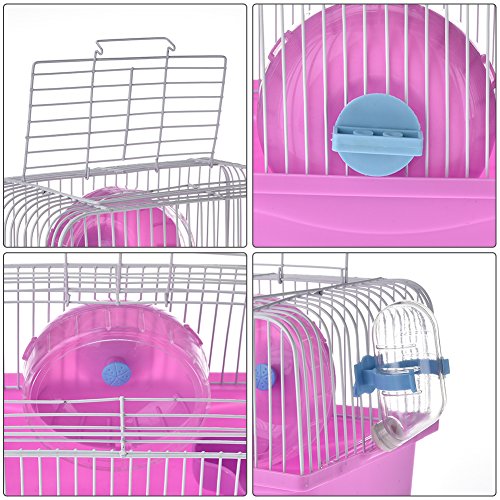 Hamsters Portable Cage Small Plastic Cage with Built-in Water Bottle Playing Wheel Outdoor Travelling Carrier for Small Animals Pink