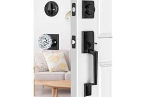 Calzibeno Black Front Door Handle and Deadbolt Set, Front Door Lock Set with Crystal Glass Door Knob, Exterior Door Lock Set with Single Cylinder, Reversible for Right & Left, Matte Black