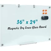 Wingwise Glass Dry Erase Board, 36 x 24 Inches Magnetic Glass Whiteboard | Wall Mount, 3' x 2' Frameless Glass Board for Office, Home, School