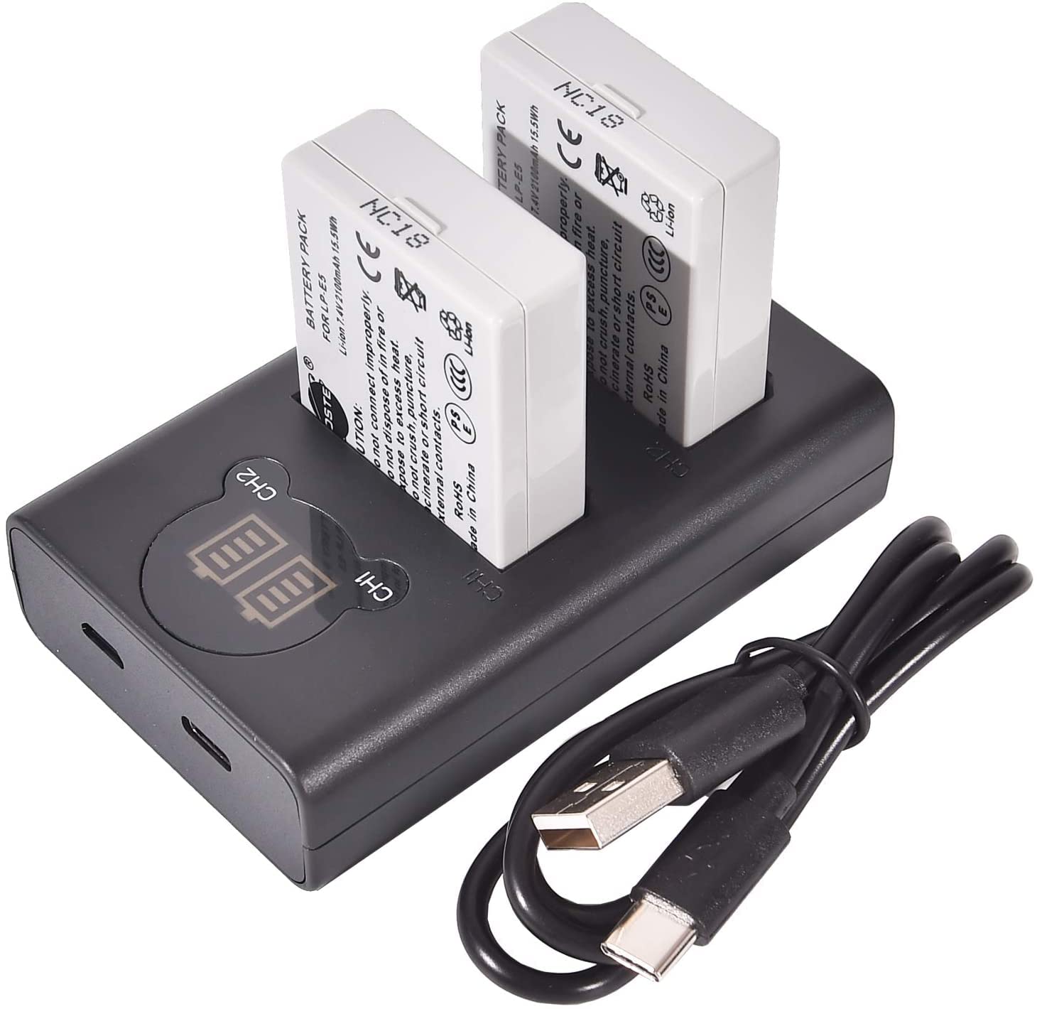 DSTE Battery Charger, 2x LP-E5 Replacement, 8.4V 2100mAh Li-ion, Dual USB Charger with LCD Display, Compatible with Canon EOS 450D 500D 1000D Kiss F X2 X3 Rebel XS XSi T1i Digital Camera