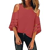 LookbookStore Women's Cold Shoulder Loose Shirt Tops 3/4 Bell Mesh Sleeve Blouse