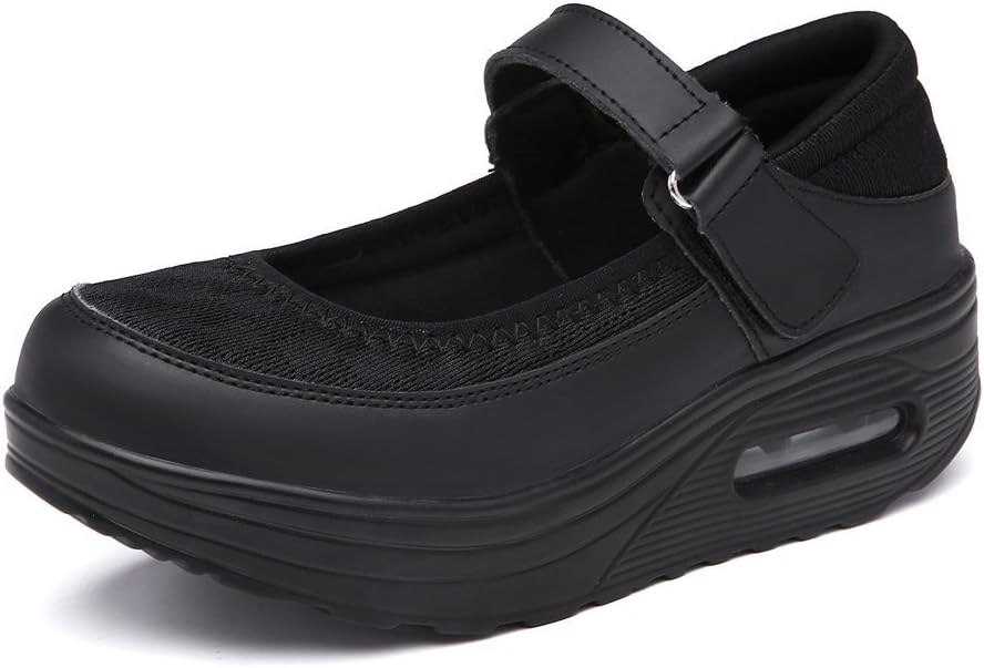 XMeden Women's PU Mesh Strap Platform Sneaker Shape Ups Height-Increasing Fitness Walking Shoes