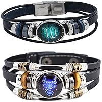 2Pcs Multilayer Constellation Zodiac Leather Bracelet Handmade Woven Zodiac Sign Wrap Bracelet Wristband for Women Men Jewelr