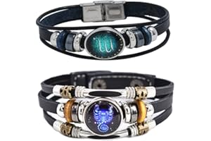 HEWILL 2Pcs Multilayer Constellation Zodiac Leather Bracelet Handmade Woven Zodiac Sign Wrap Bracelet Wristband for Women Men Jewelry Birthday Gift