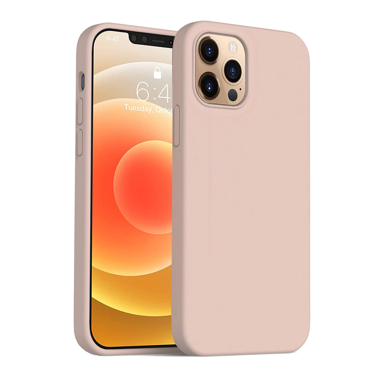 Anyos Compatible with iPhone 12 Case and iPhone 12 Pro Case 6.1 inch, Liquid Silicone Rubber Full Body Protective Phone Case with Soft Microfiber Cloth Lining for Women Men Girls Boys, Sand Pink