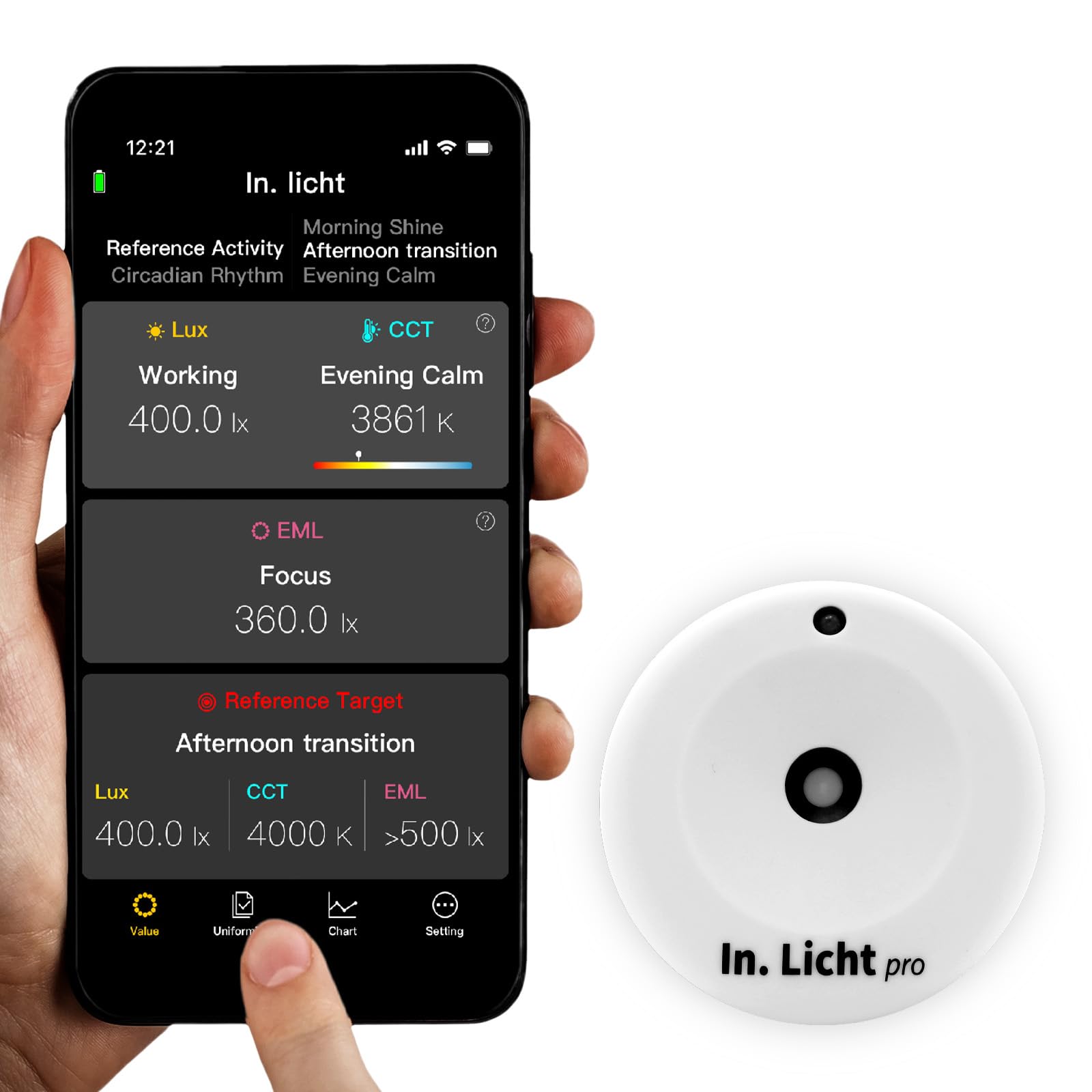 In. Licht Pro Handheld Light Meter EML Light Meter Sensor for Lumens, Lux, Color Temperature CCT, Contrast and Uniformity, Measurement for Architectural Interior Lighting Design Well Healthy, White