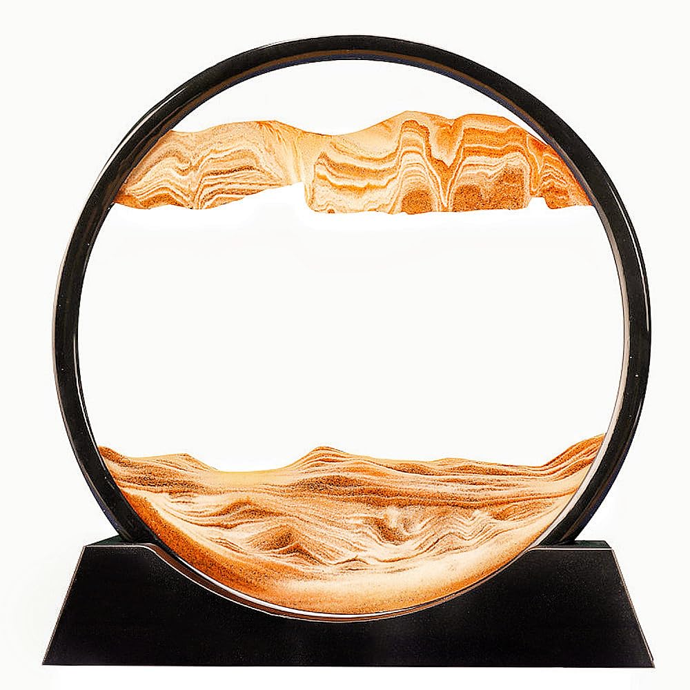 Photo 1 of **pack2*XIYUAN 7.5inch Moving Sand Art Picture 3D Round Glass Deep Sea Sandscape in Liquid Motion Display Flowing Sand Frame Relaxing Desktop Home Office Work Decor Art Gifts Toys (Yellow)