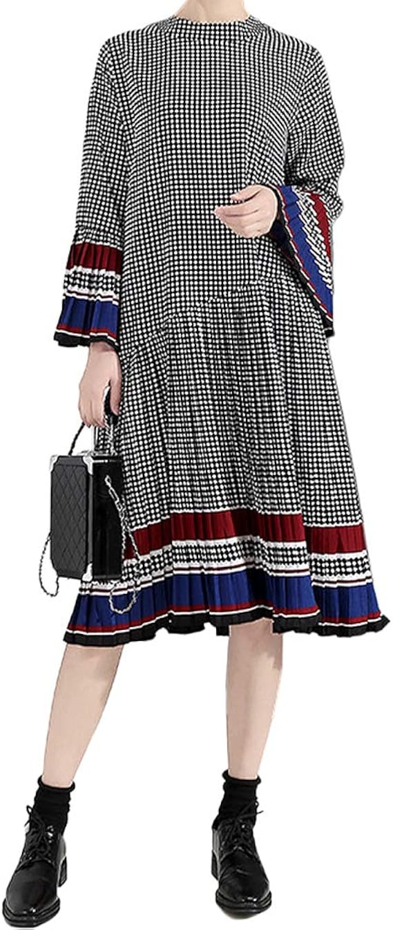 Amazon ワンピース レディース 秋冬 ロング ワンピース チェック柄 ワンピース レディース ゆったり 体型カバー ボリューム袖 プリーツ ワンピース 着やせ エレガント ワンピース チュニック 通販