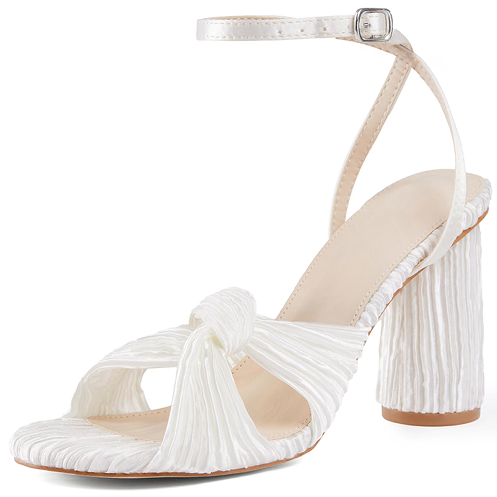 Photo 1 of ** USED ** Jauoop Women's Pleated Bow Knot Heeled Sandals Open Toe Ankle Strap Block Chunky Heel Slides Bridal Wedding Dress Shoes SIZE 8